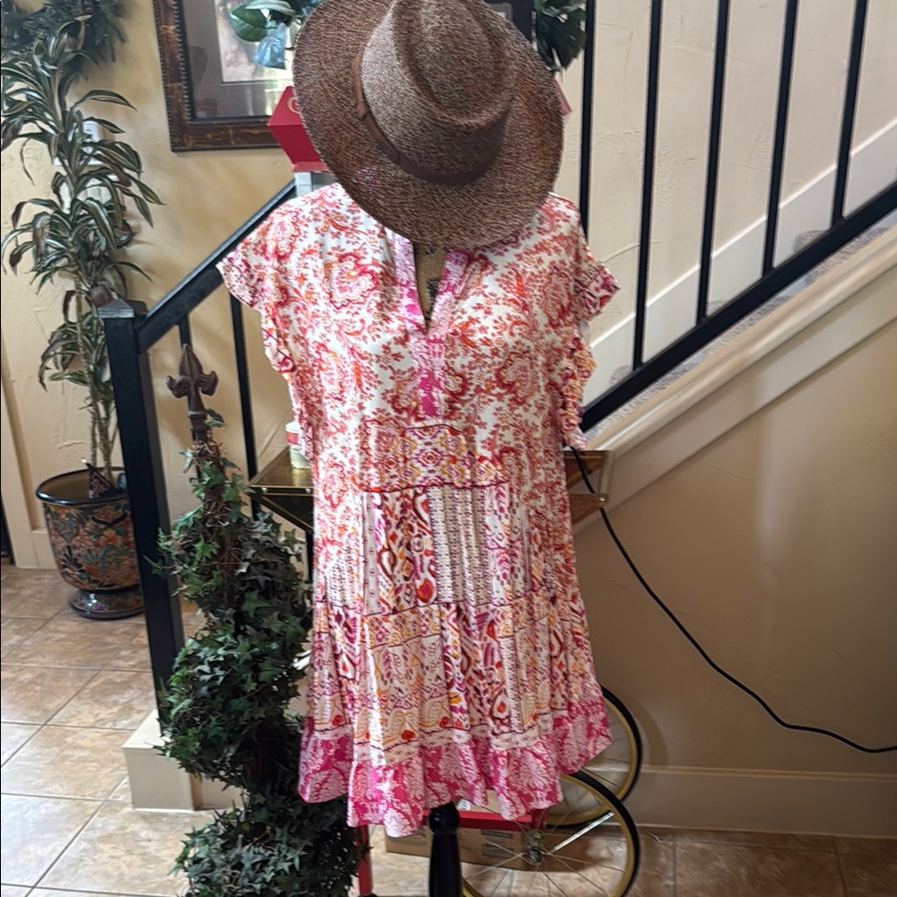 Umgee Pink Pleated Flutter Sleeve Sundress
